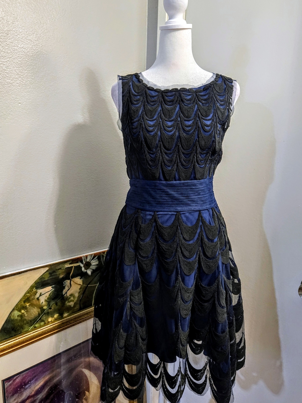 catherine malandrino Blue and Black Sleeveless Lace Overlay Dress Size 4